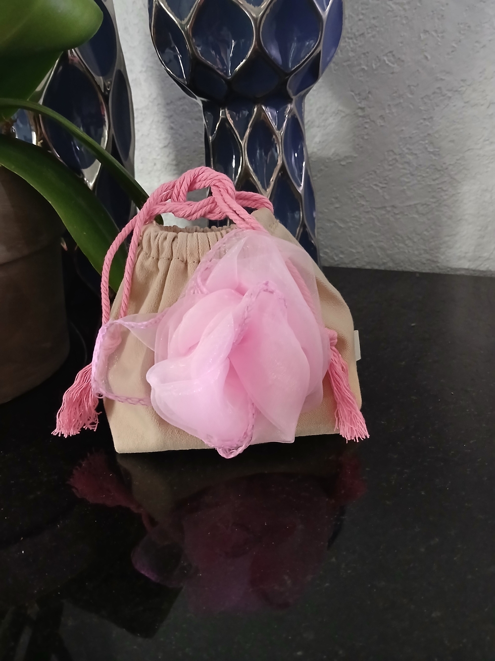 Beige Cosmetic Drawstring Pouch with Pink Floral Accent